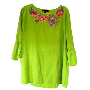 CALEOOA L Artsy Green Colorful Embroidered BOHO Peasant Tunic Blouse